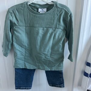 Green Ribbed Shirt and Oshkosh blue jeans
